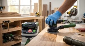Woodworker using a random orbital sander connected to a vacuum hose for dust-free sanding