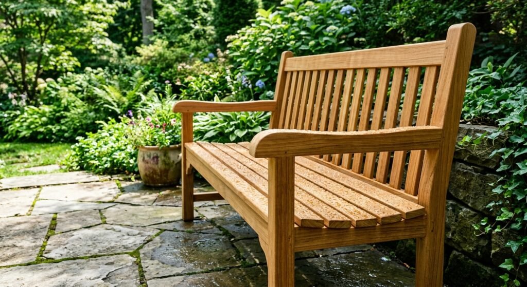 A sturdy teak garden bench placed outdoors on a sunlit patio, featuring water beading on its oily golden-brown surface, highlighting its natural durability.