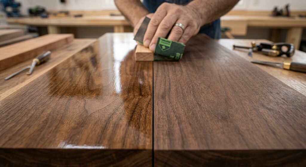 Side-by-side comparison of a clean sliced planed wood surface versus a sanded wood surface