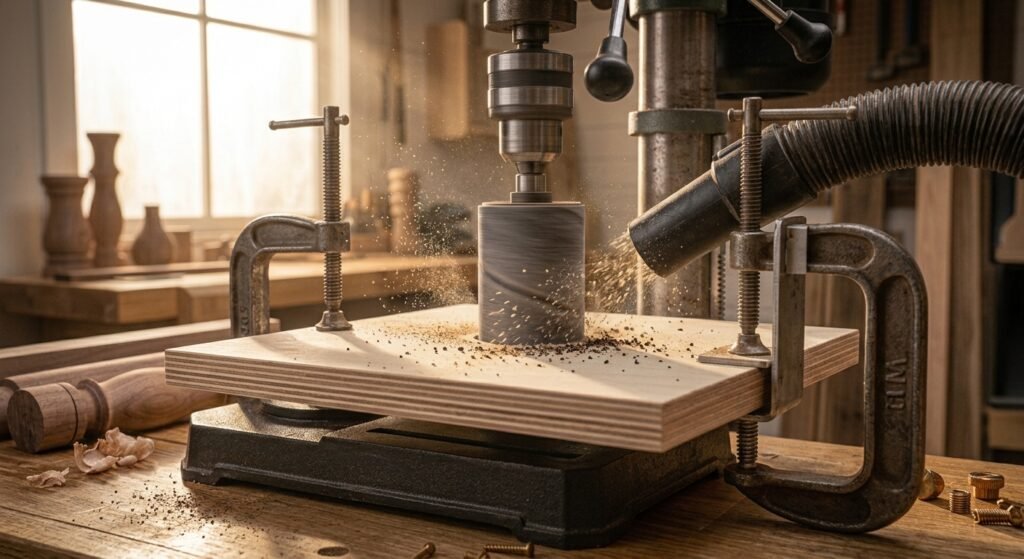 Correct feed direction and hand positioning for sanding a curved wooden piece on a drill press