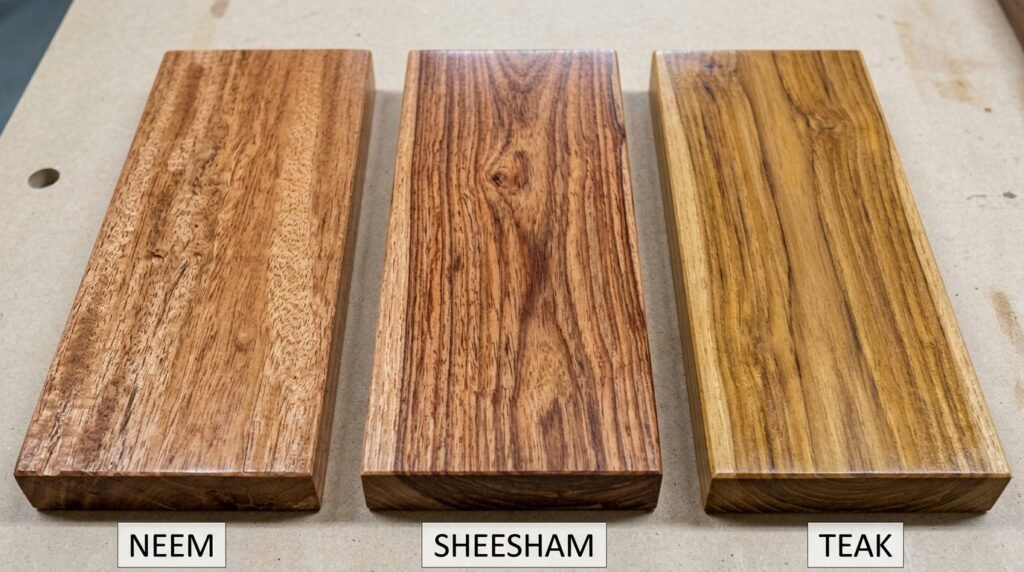 Side-by-side comparison of polished neem wood, sheesham wood, and teak wood grain samples