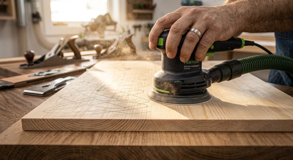 Demonstrating flat sheet sander technique over pencil marks with vacuum hose attached