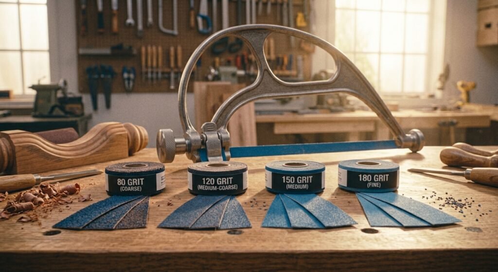 Replacement sandpaper strips in various grits arranged beside the Rockler sanding bow