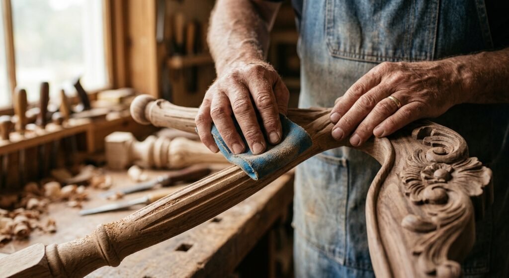 Detail hand sanding curved wood chair spindles with a flexible sanding sponge