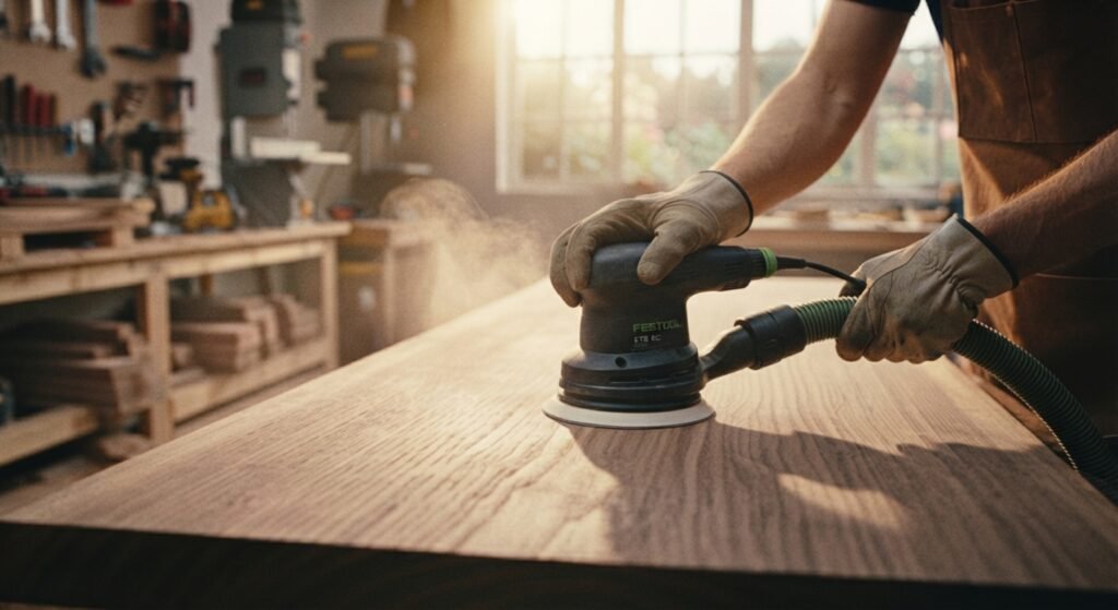 Holding a power sander with light, controlled pressure for efficient wood sanding
