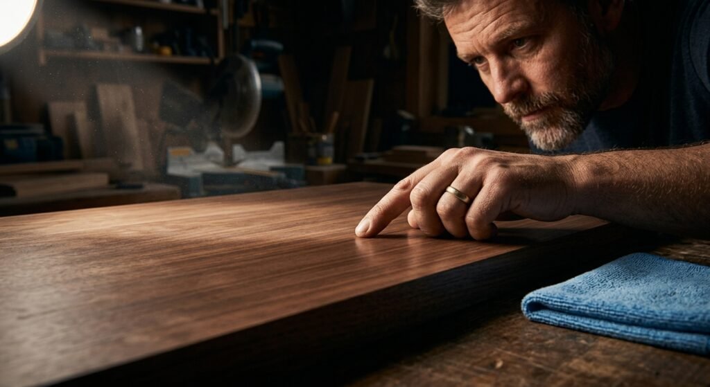 Woodworker inspecting a smooth, perfectly sanded wood tabletop under a raking light