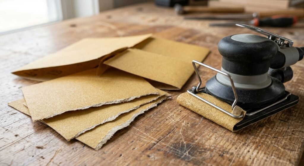 Cutting a standard sandpaper sheet into quarter-pieces for a palm sander clamp