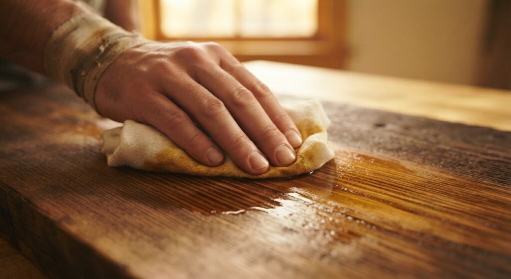 Applying finish oil to a freshly sanded reclaimed wood surface.