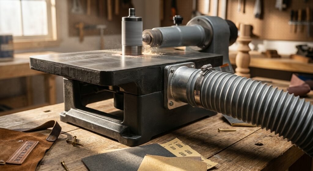 Dust collection hose connected to the dust port of an oscillating spindle sander