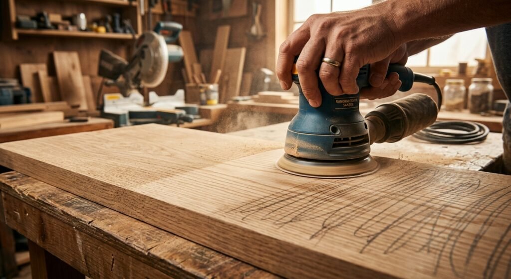 Random orbital sander erasing pencil marks on an oak wood board during the sanding process