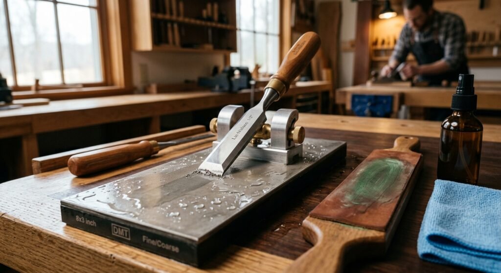 No. 4 smoothing hand plane creating thin wood shavings on a flat hardwood board