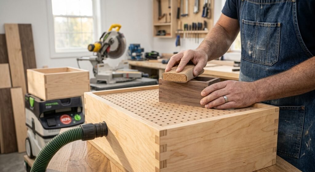 Homemade DIY down-draft sanding box with pegboard top connected to a shop vacuum