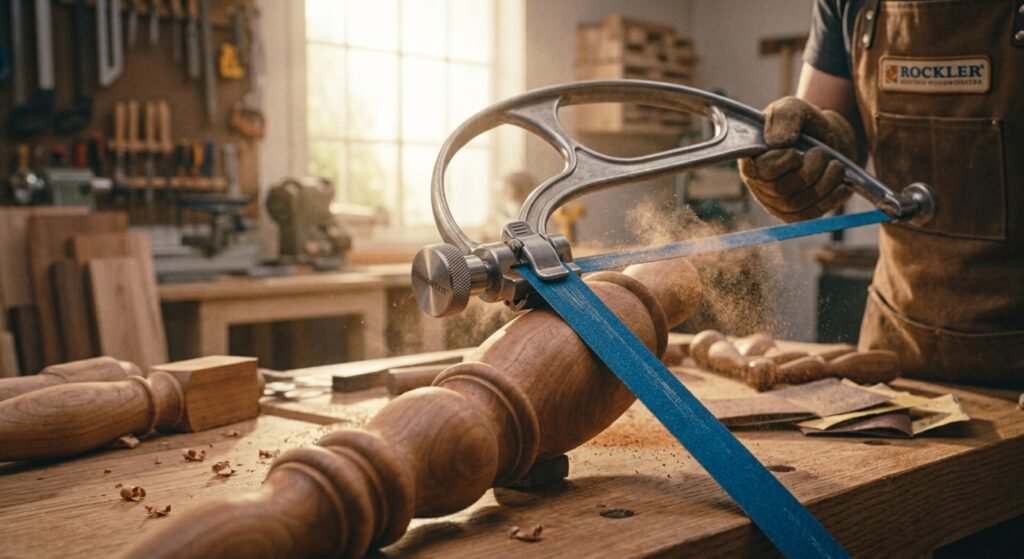 Sanding a turned table leg with a flexible Rockler sanding bow in a woodworking shop