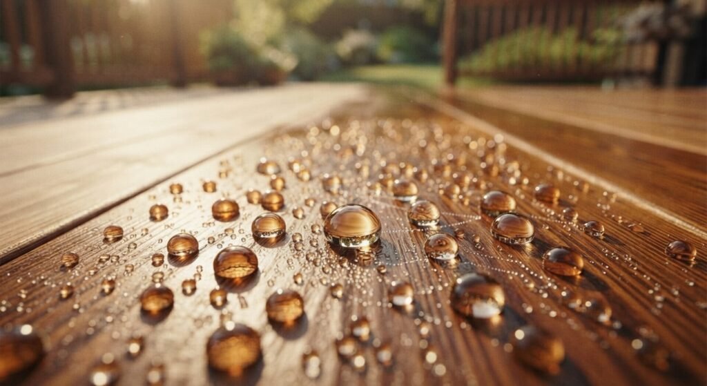 Water droplets beading on a protected exterior wood surface treated with stain
