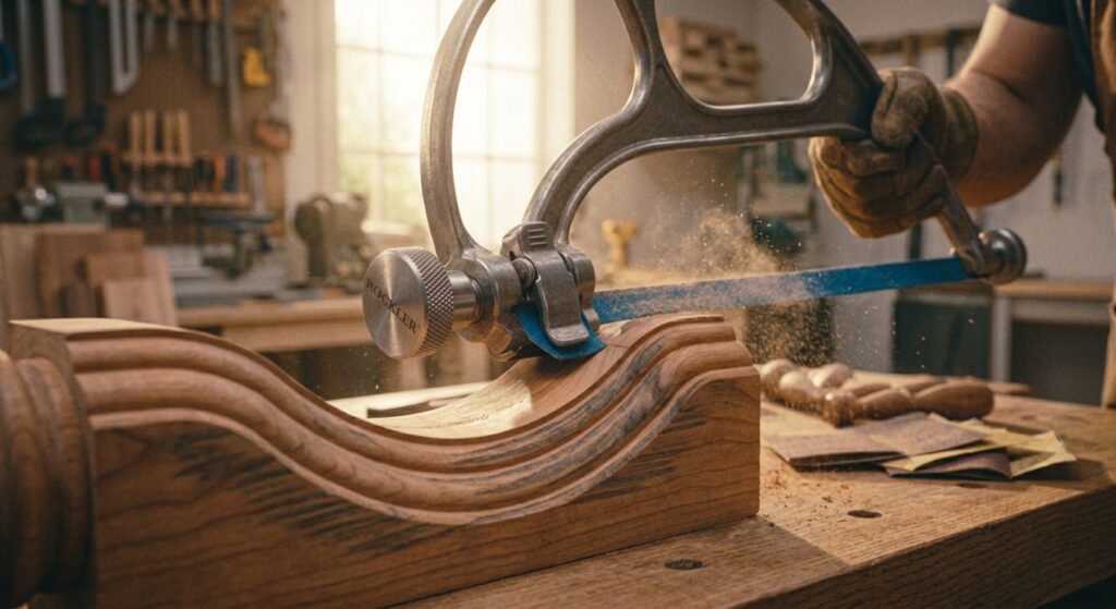 Using the Rockler sanding bow to smooth concave and convex curves on decorative wood trim