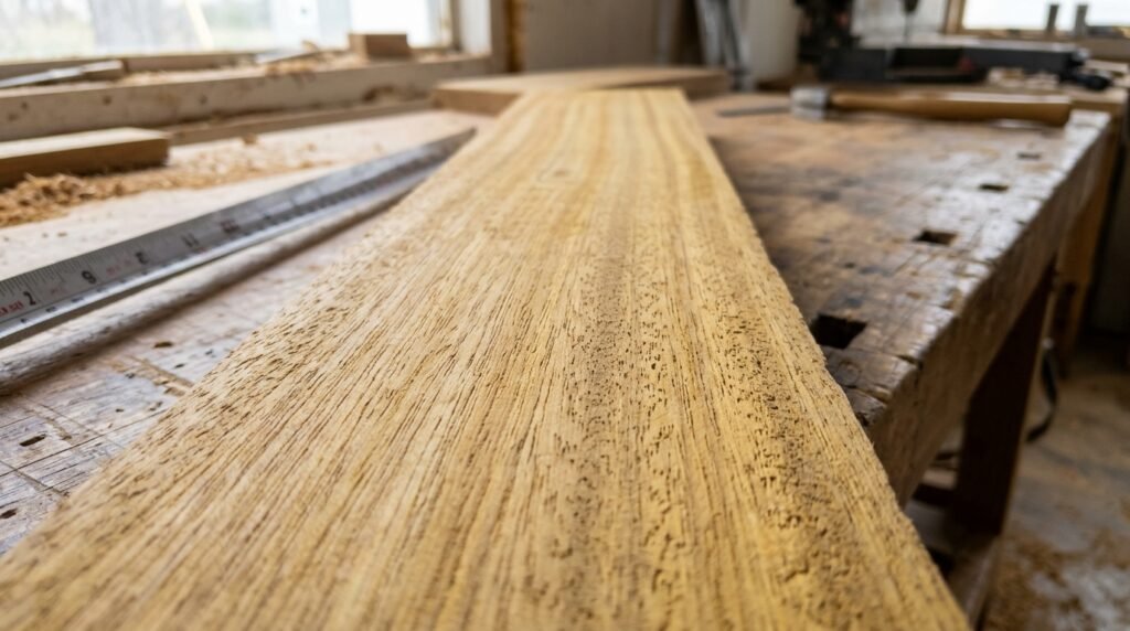 A close-up photograph of a raw Hollock wood board showing its medium-coarse texture and light brown grain structure.