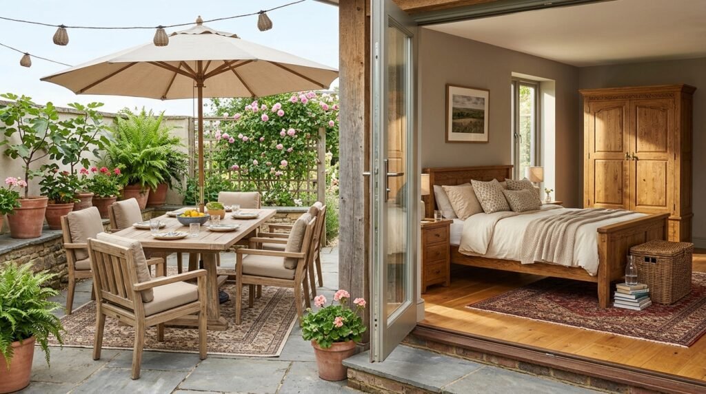 A visual comparison showing a weather-resistant Teak outdoor dining set on a patio next to an elegant indoor bedroom furnished with Hollock wood.
