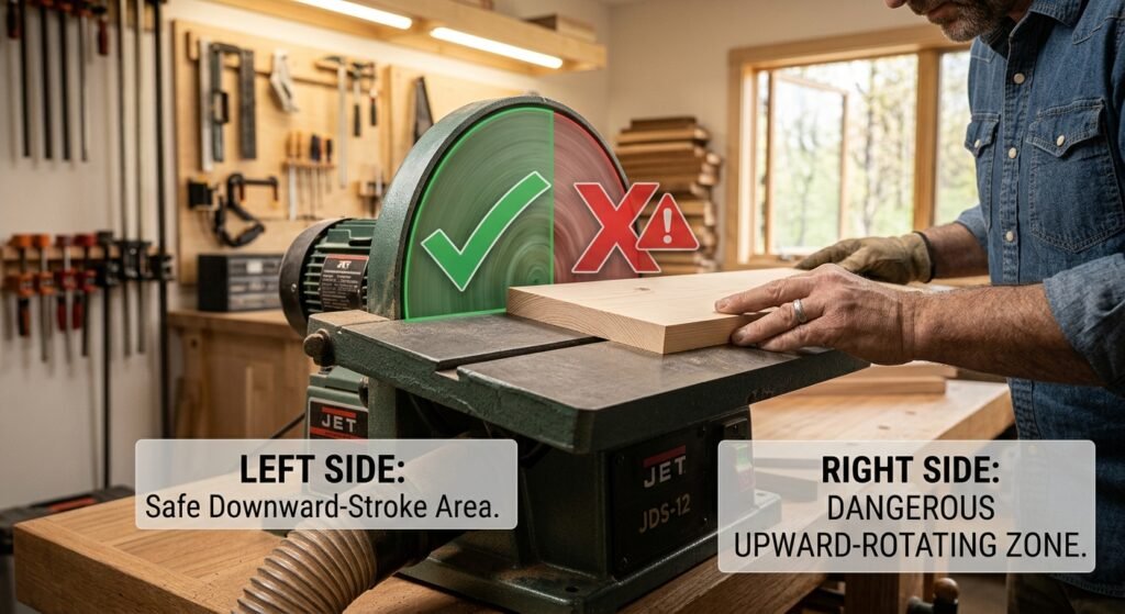 Demonstrating the correct downward stroke safety rule on a disc sander