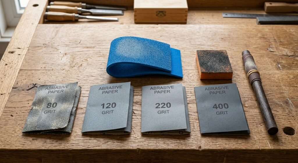 Various hand sanding tools including sanding blocks, sponges, and sandpaper sheets for sanding wood by hand