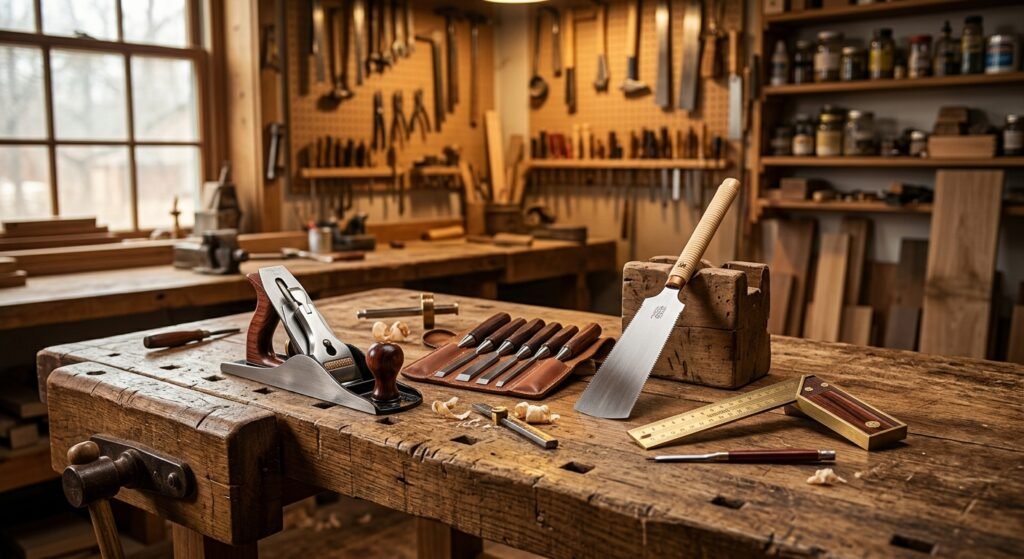 A collection of essential woodworking hand tools including hand planes, chisels, and saws on a wooden workbench