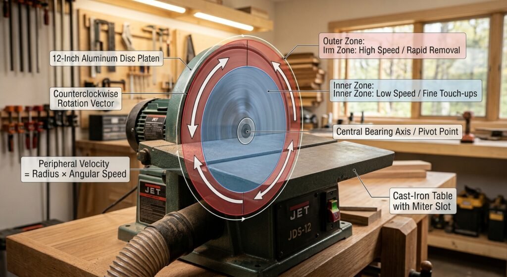 Diagram showing speed zones and rotational movement on a disc sander face