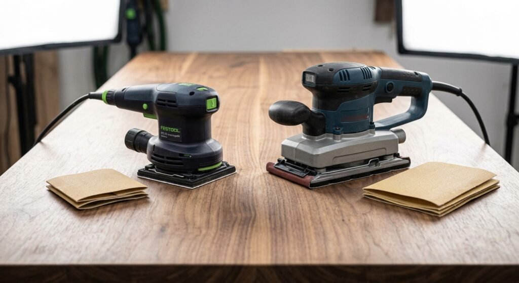 Side-by-side comparison of a quarter-sheet palm sander and a half-sheet power sander