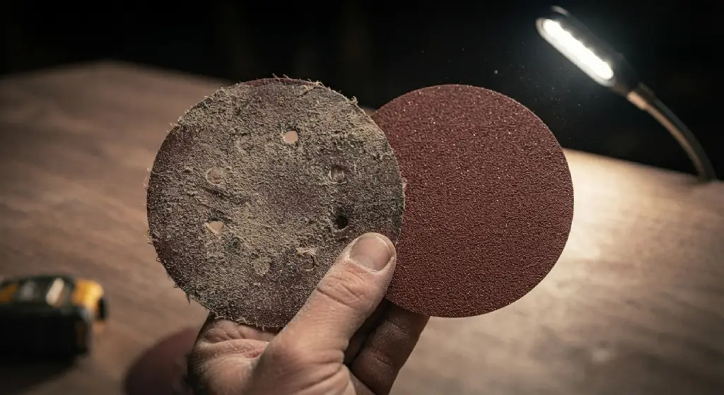 Comparing a worn, dusty sanding disc with a new abrasive disc.