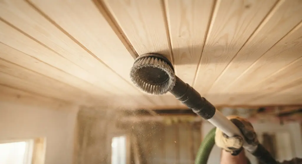 Vacuuming fine wood dust from ceiling grooves.