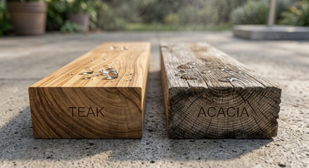 Comparison of teak wood repelling water versus acacia wood absorbing moisture