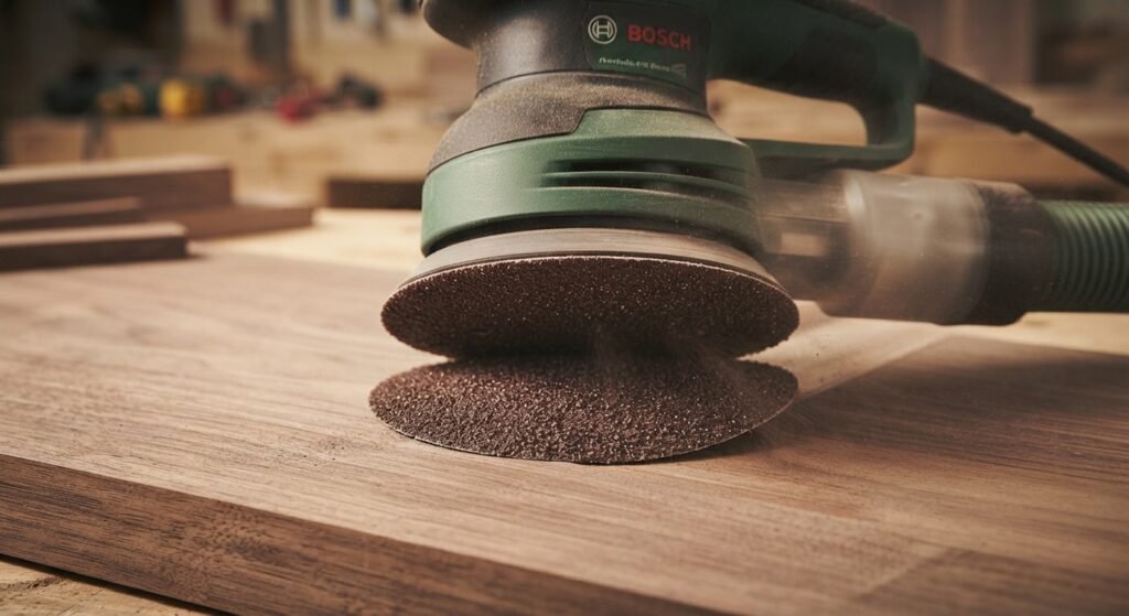 Coarse grit paper sanding disc on raw wood.