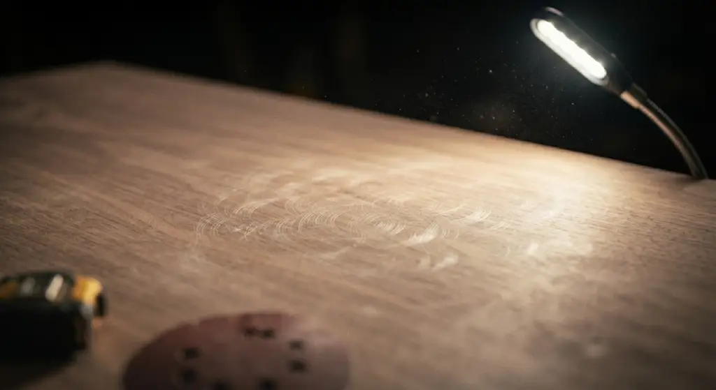 Faint sanding swirl marks visible under raking light on a wood panel.