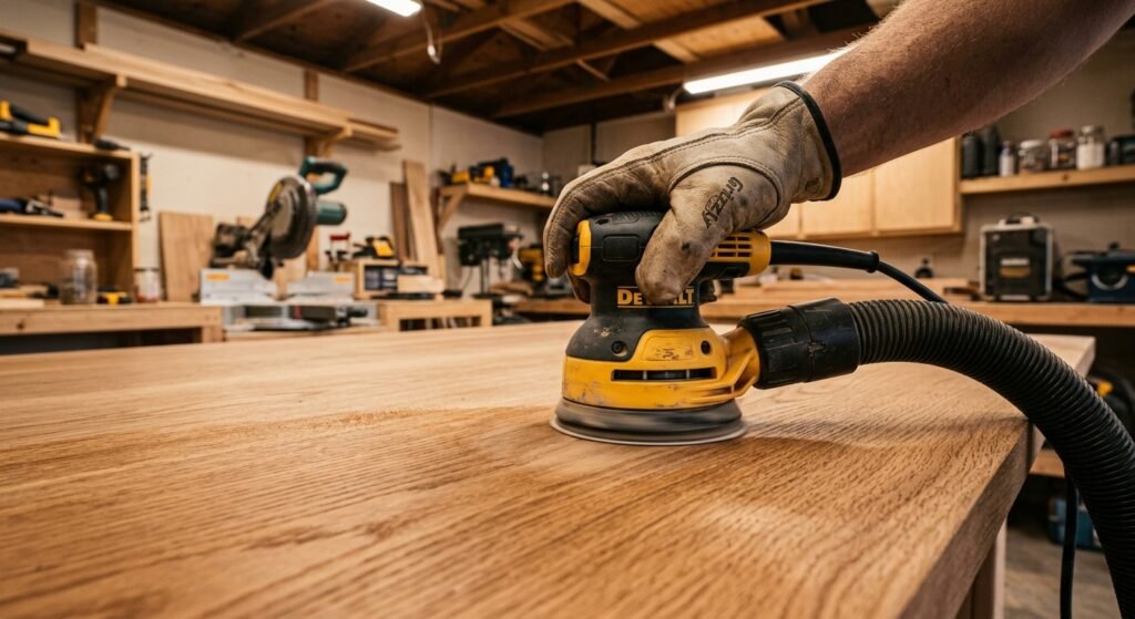 Woodworker using a random orbital power sander on a large flat wood tabletop surface