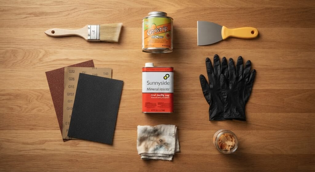 Essential tools and safety gear laid out for stripping wood furniture