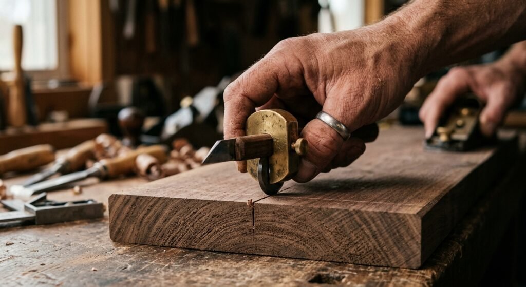 Woodworker using a wheel marking gauge and marking knife to lay out joinery on hardwood