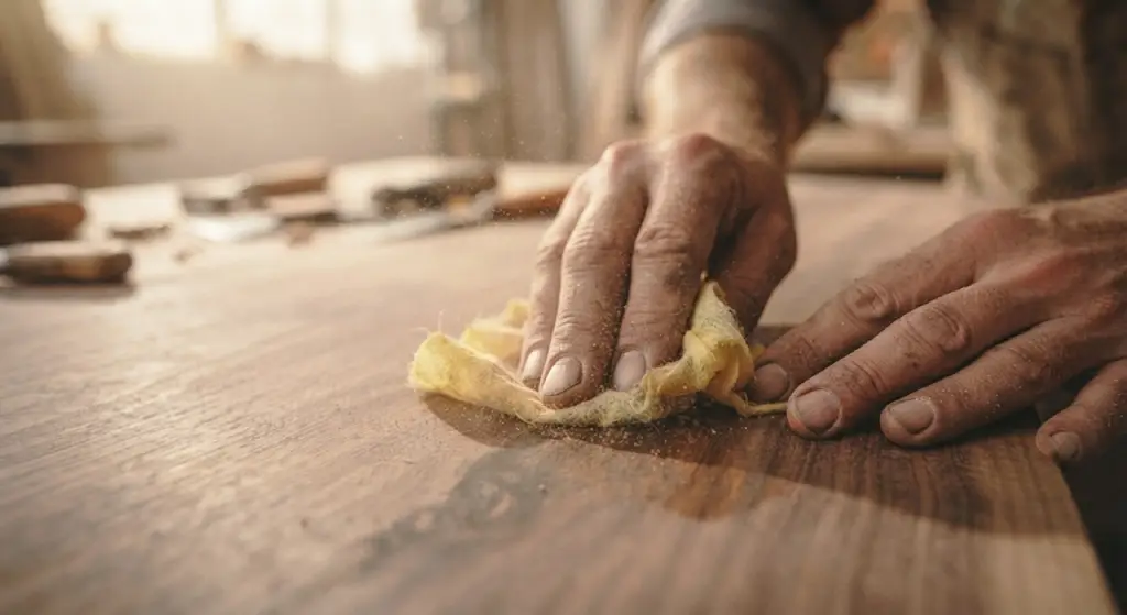 Wiping sanding dust off a table with a tack cloth.