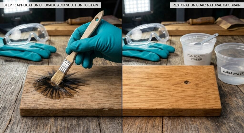 A gloved worker applying oxalic acid solution with a small brush to a deep black iron stain on raw oak wood next to safety gear.