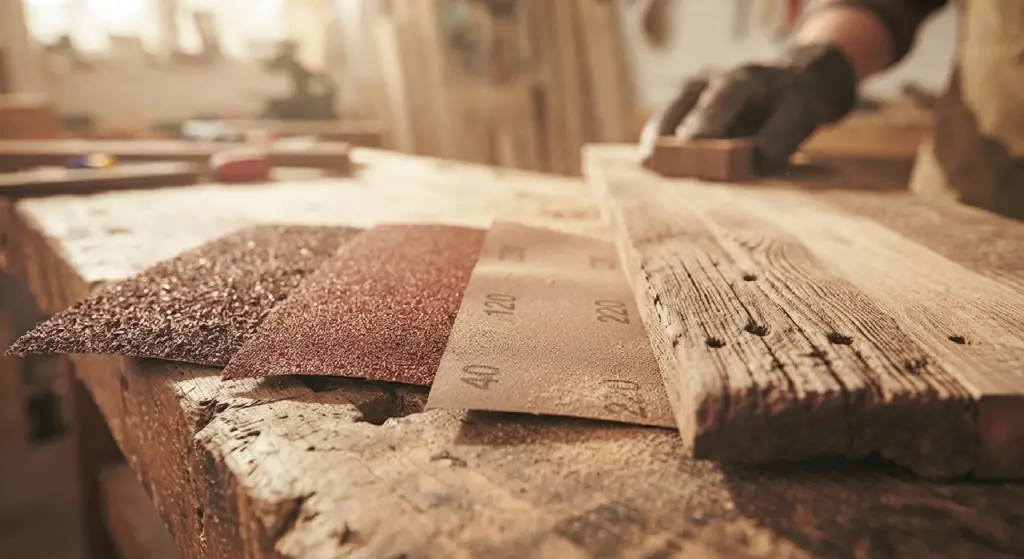 Different sandpaper grits arranged next to a reclaimed wood board.