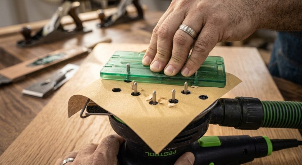 Woodworker using a sandpaper punch plate to create dust collection holes in a sandpaper sheet