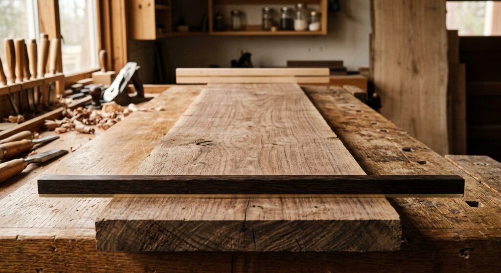 Using winding sticks across a hardwood plank to sight and check for board twist