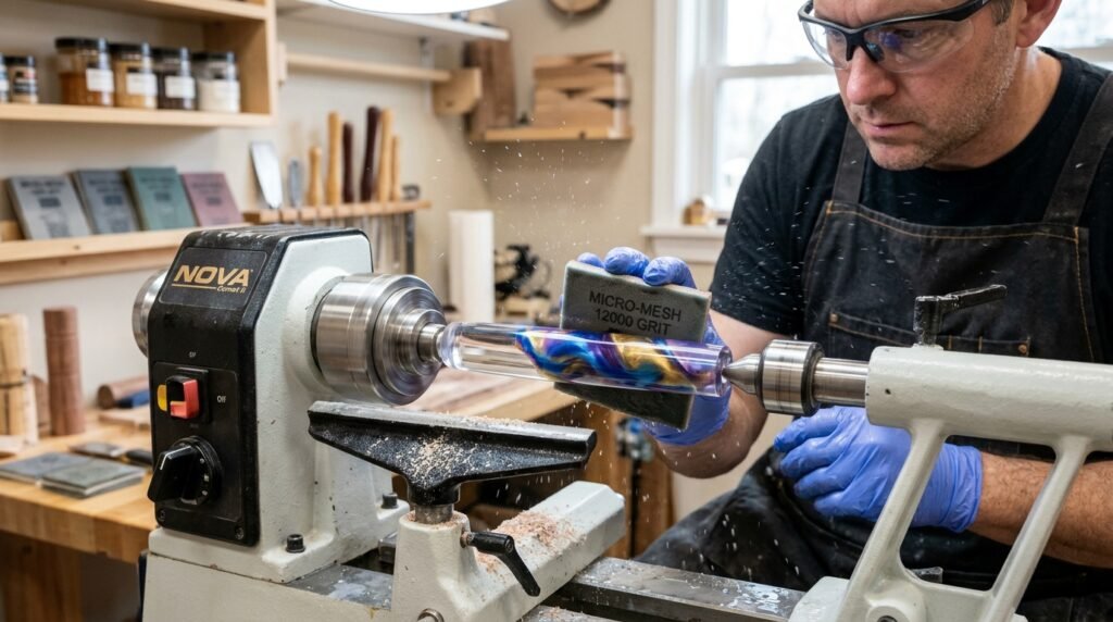 A woodturner wet polishing a shiny acrylic resin pen blank on a lathe using a soft Micro-Mesh pad.