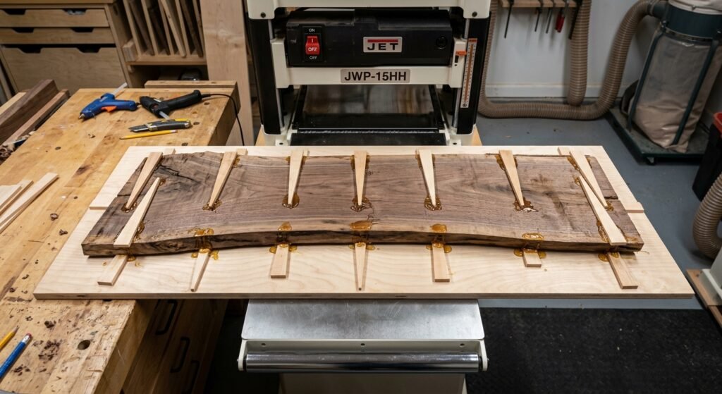 Warped board secured with wooden shims on a plywood planer sled