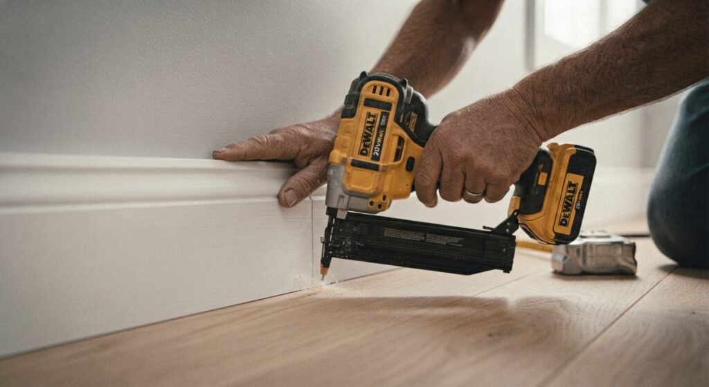 Using a brad nailer to secure baseboard molding to the wall