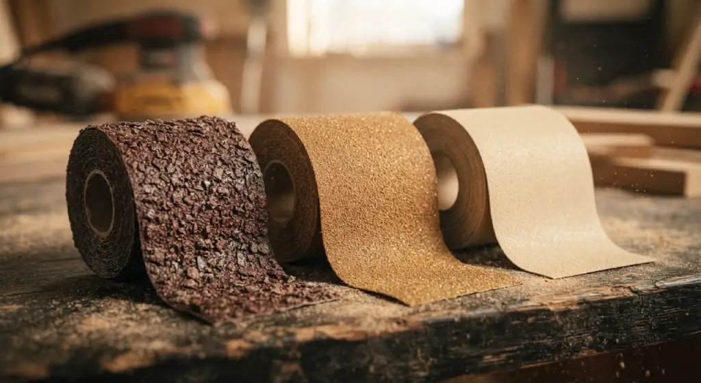Close-up of different sandpaper grit rolls for floor sanding.