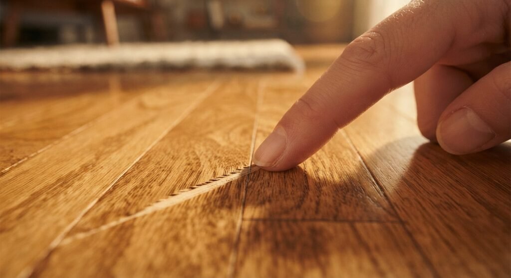 Checking the depth of a scratch on a hardwood floor with a fingernail