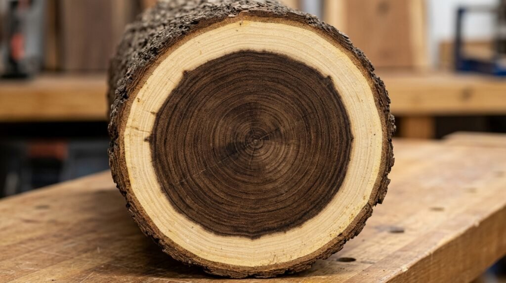 Cross-section of a kikar log showing dense termite-resistant heartwood core