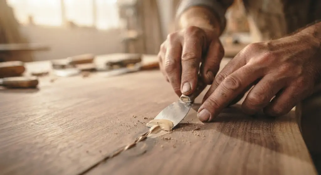 Applying wood filler to a crack in a wooden table.