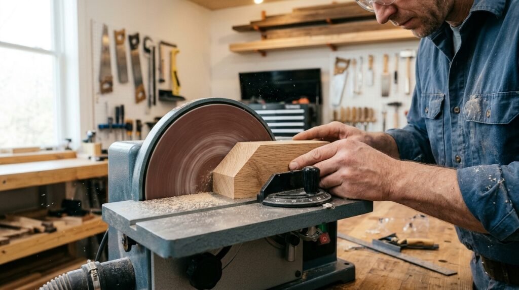 Craftsman shaping a 45 degree miter angle on an oak block using a stationary disc sander