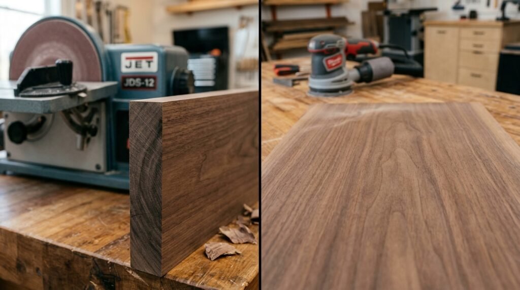 Woodworker using a random orbital sander to smooth a wide wooden tabletop