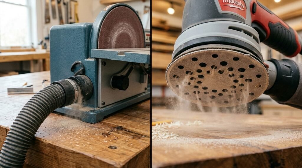 Dust extraction setup comparing a shop vacuum attached to a disc sander against an orbital sander dust pad