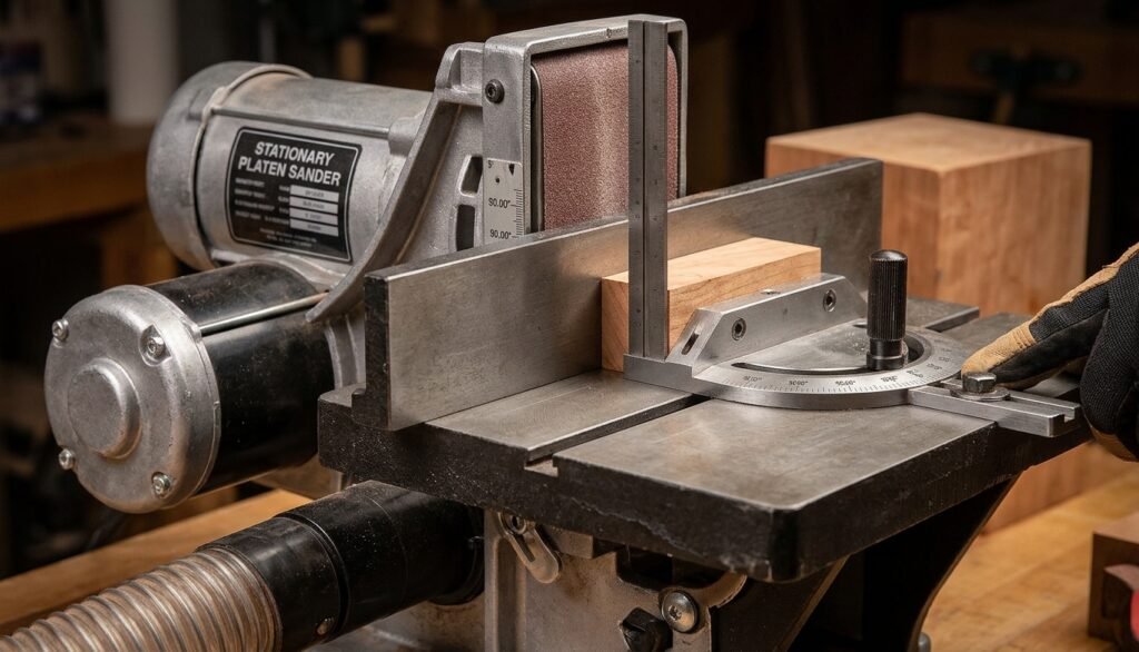 Close-up of the fence and miter slot on a benchtop belt sander used for precision angle sanding.